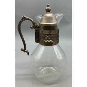 Vintage Glass Carafe Ornate Metal Handle & Lid 8=10.5" Tall Elegant Design READ